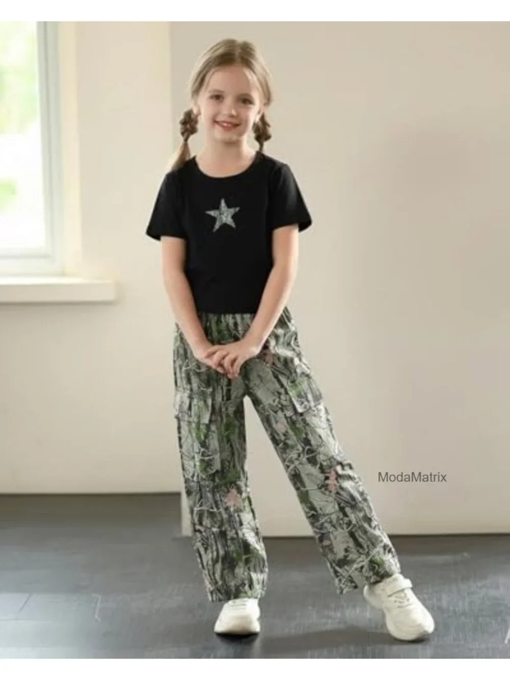 Girls 2-Piece T-Shirt & Wide-Leg Cargo Pants Set with Pockets